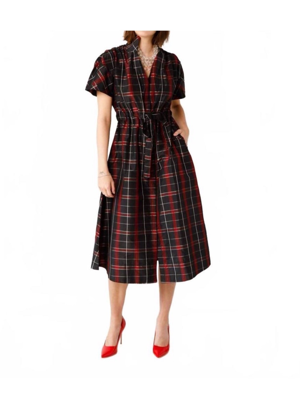 Plaid Midi Dress with Waist Tie in Black and Red